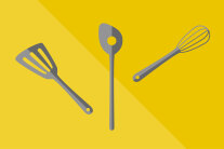 Grafische Darstellung: Pfannenwender, Rührlöffel und Schneebesen auf gelbem Hintergrund
